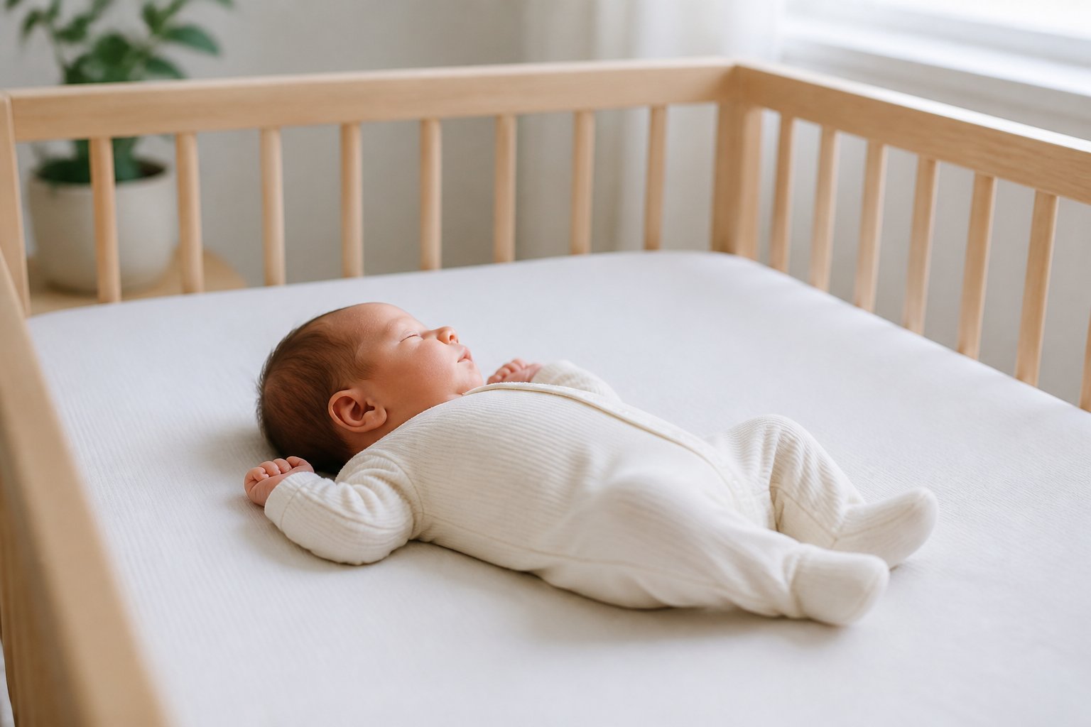 A peaceful newborn lies on their back in an empty crib with a fitted sheet.