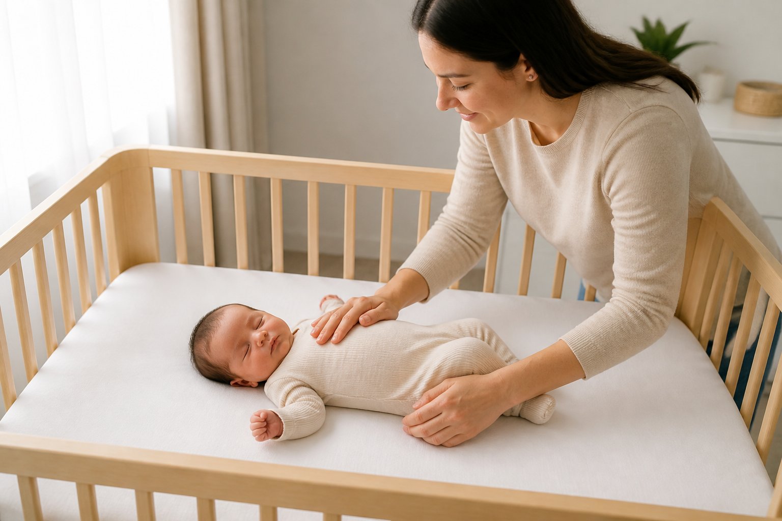 Newborn sleeping safely on their back in a clear, uncluttered crib while a caregiver watches nearby.