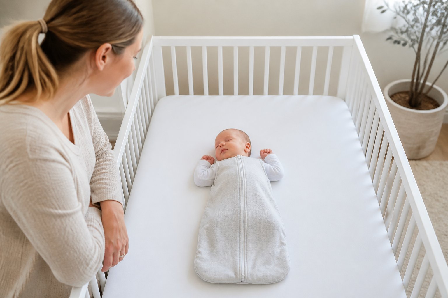 A newborn sleeps safely on their back in an empty crib while a parent watches nearby.