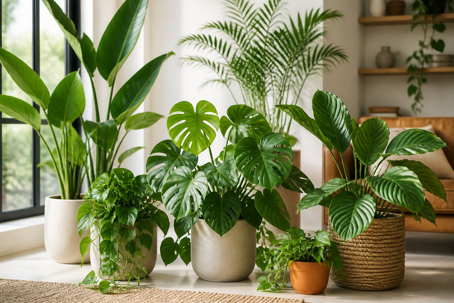 A lush arrangement of tropical houseplants in planters inside a bright modern room.
