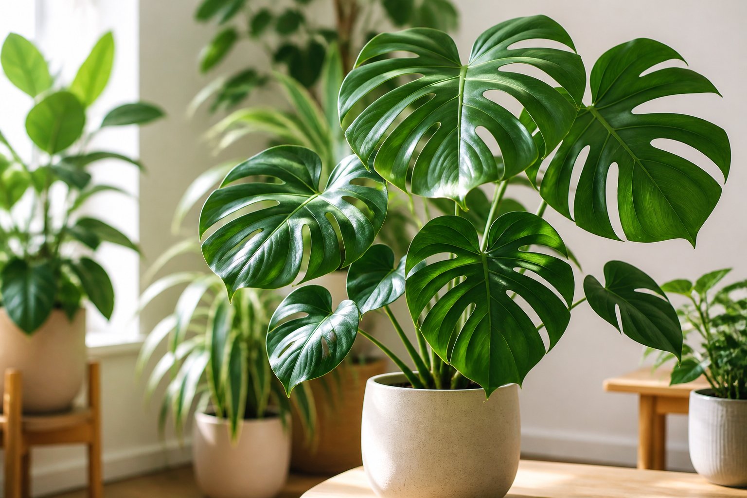 A healthy Monstera deliciosa in a ceramic pot surrounded by tropical houseplants indoors.