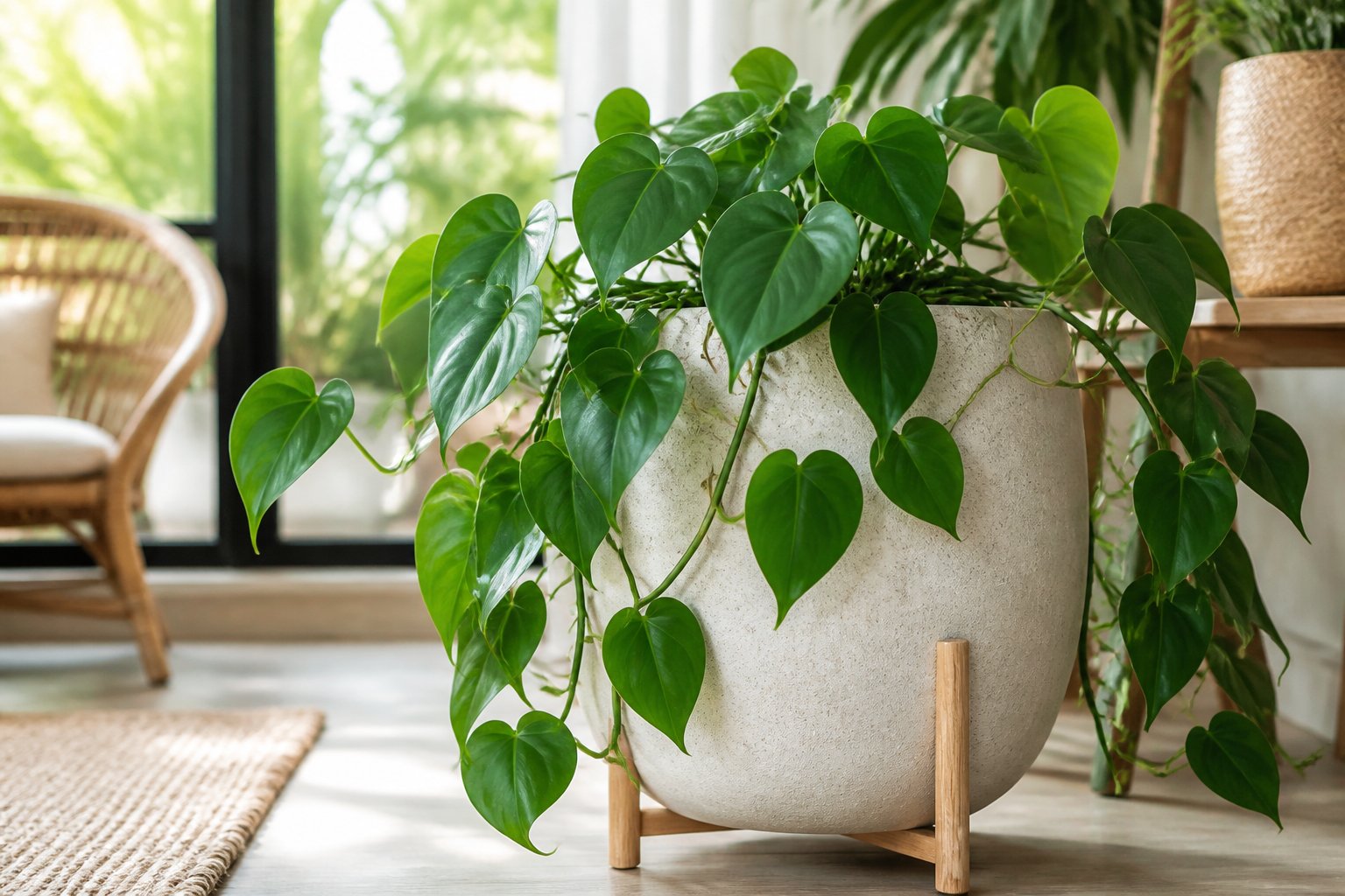 A heartleaf philodendron with cascading green vines sits in a bright tropical-inspired indoor space.