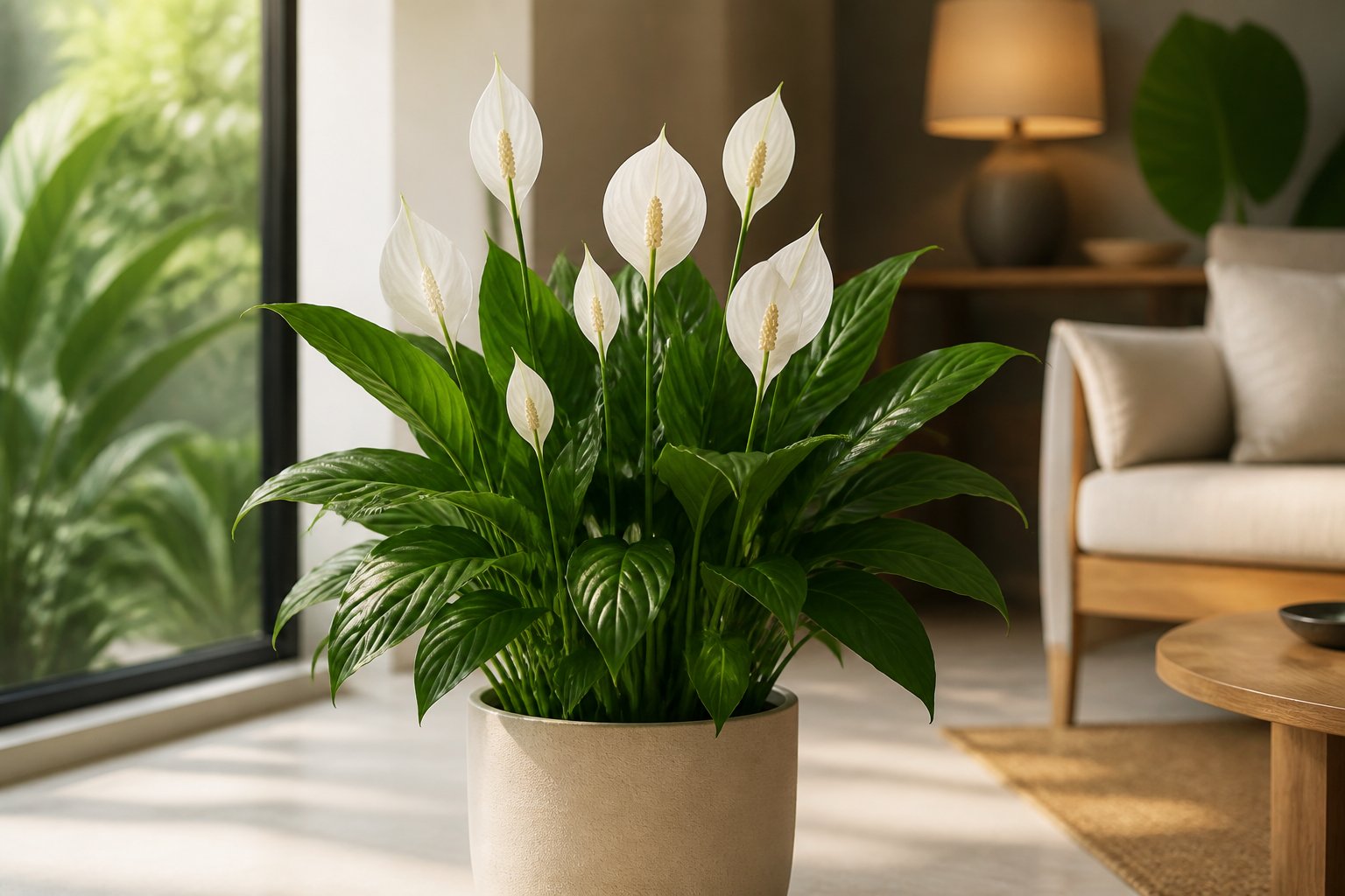 A blooming peace lily in a ceramic pot beside a bright indoor window.