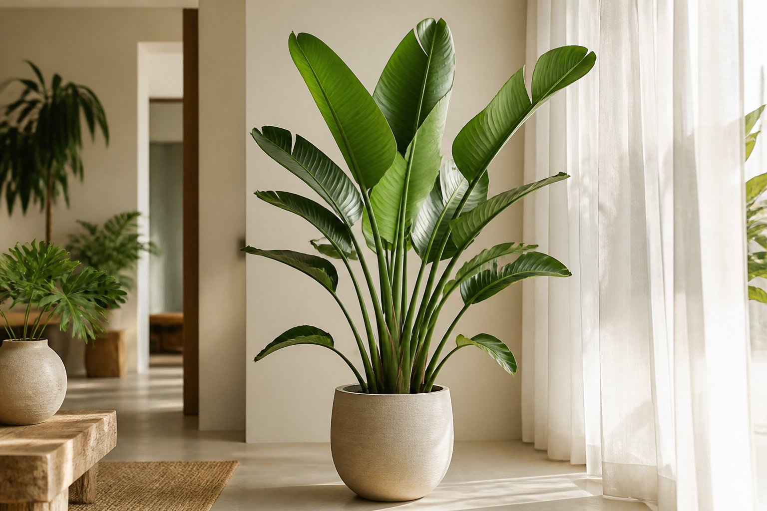 A Bird of Paradise plant with large green leaves in a neutral planter beside a bright indoor window.