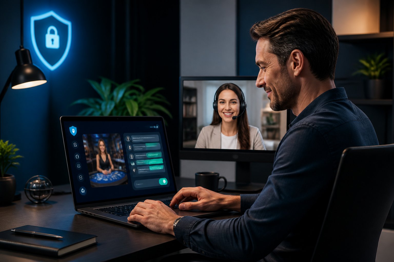 Pengguna berbicara dengan petugas dukungan melalui laptop dalam suasana kerja modern.
