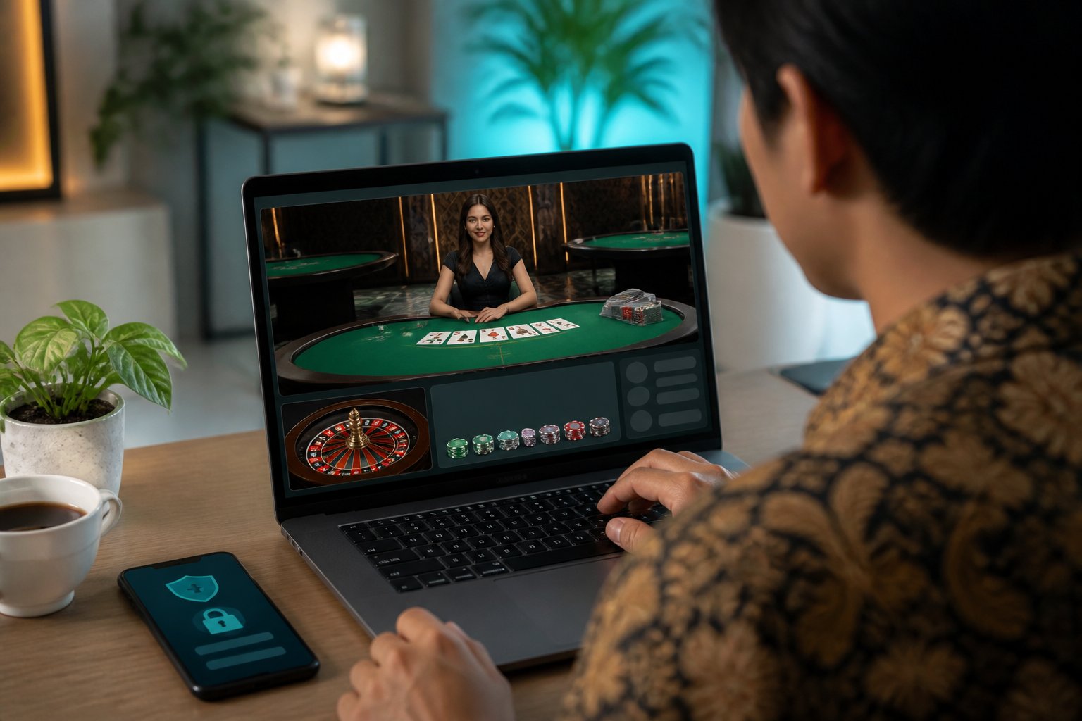 Pengguna Indonesia mendaftarkan akun kasino live melalui laptop dengan tampilan keamanan digital dan dealer virtual.