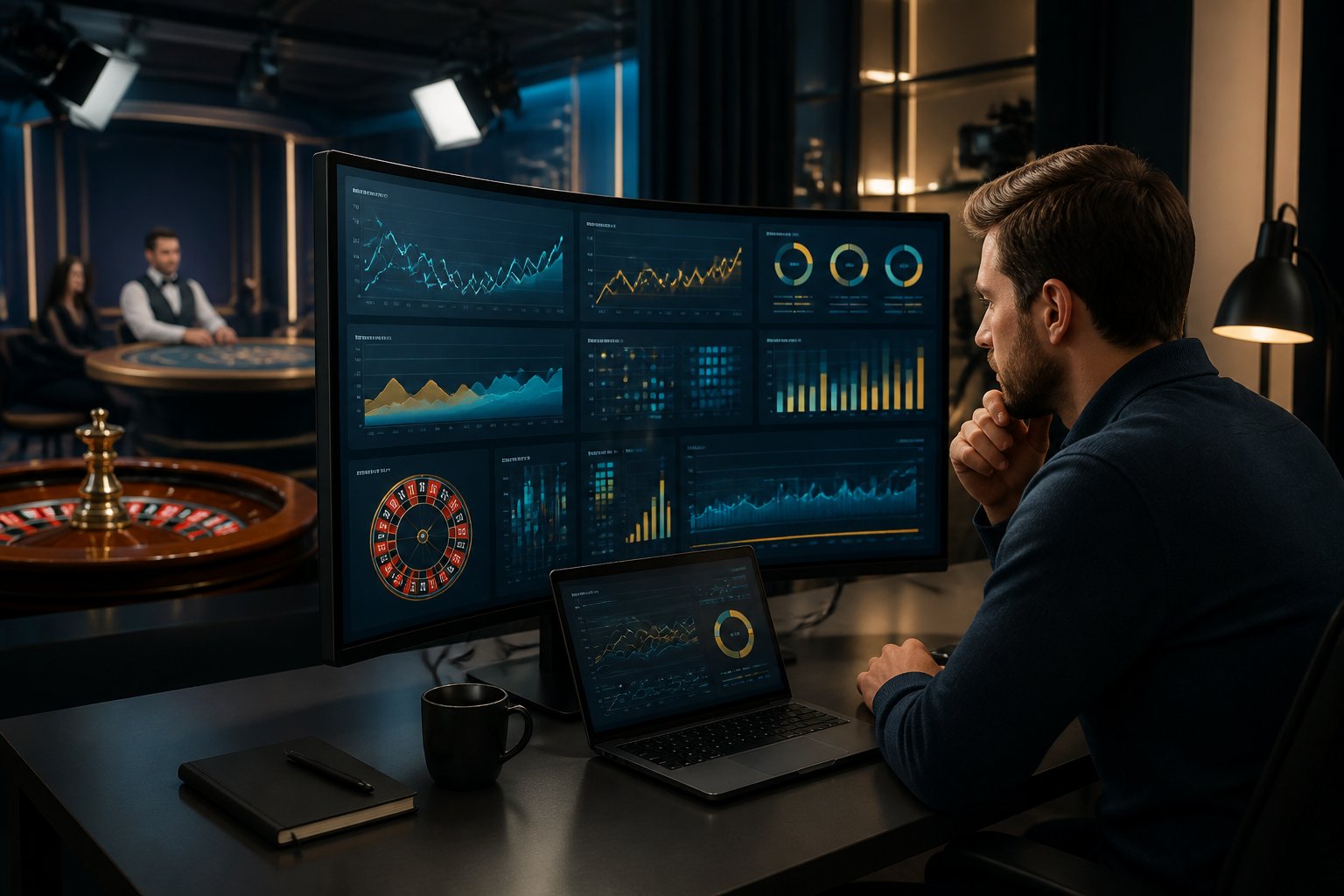 Analis sedang meninjau grafik analitik permainan kasino langsung di ruang kerja modern dengan meja roulette di latar belakang.