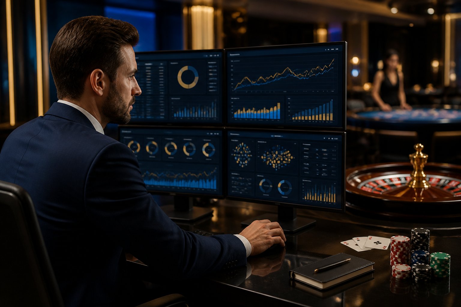 Seorang analis memeriksa visualisasi data di ruang kasino modern dengan meja permainan di latar belakang.