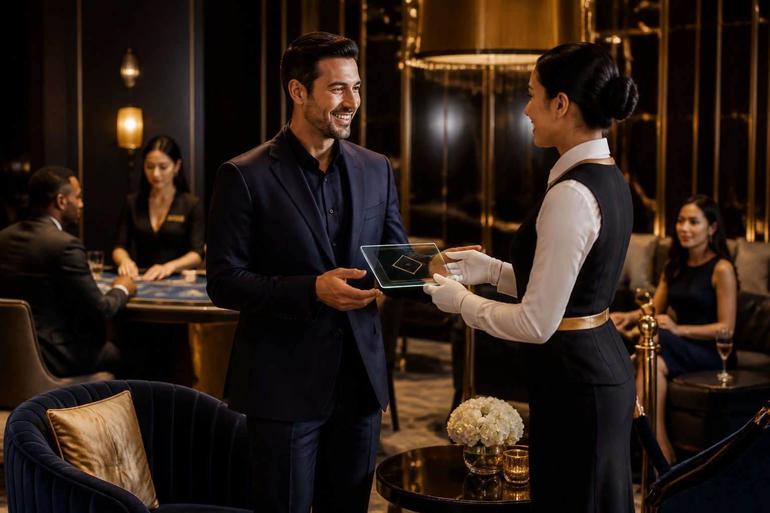 Seorang anggota VIP disambut oleh staf di lounge kasino live yang elegan.