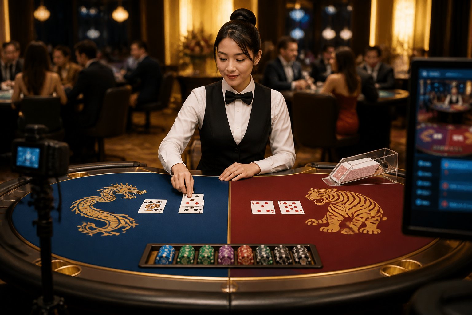 Dealer membagikan kartu di meja permainan Dragon Tiger dengan kartu dan keping kasino dalam suasana kasino daring modern.