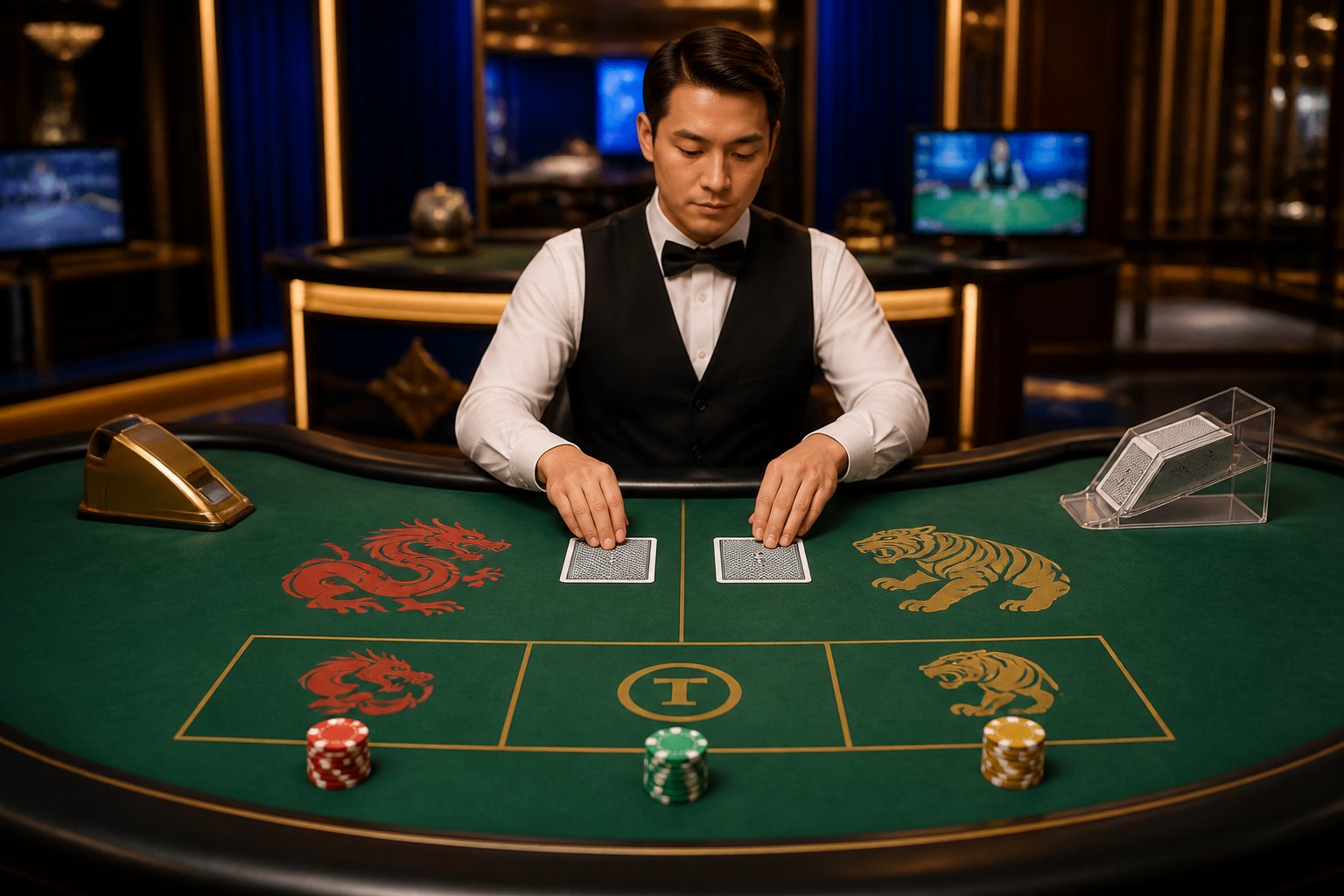 Dealer menyiapkan meja permainan Dragon Tiger dengan area taruhan Dragon, Tiger, dan Seri.