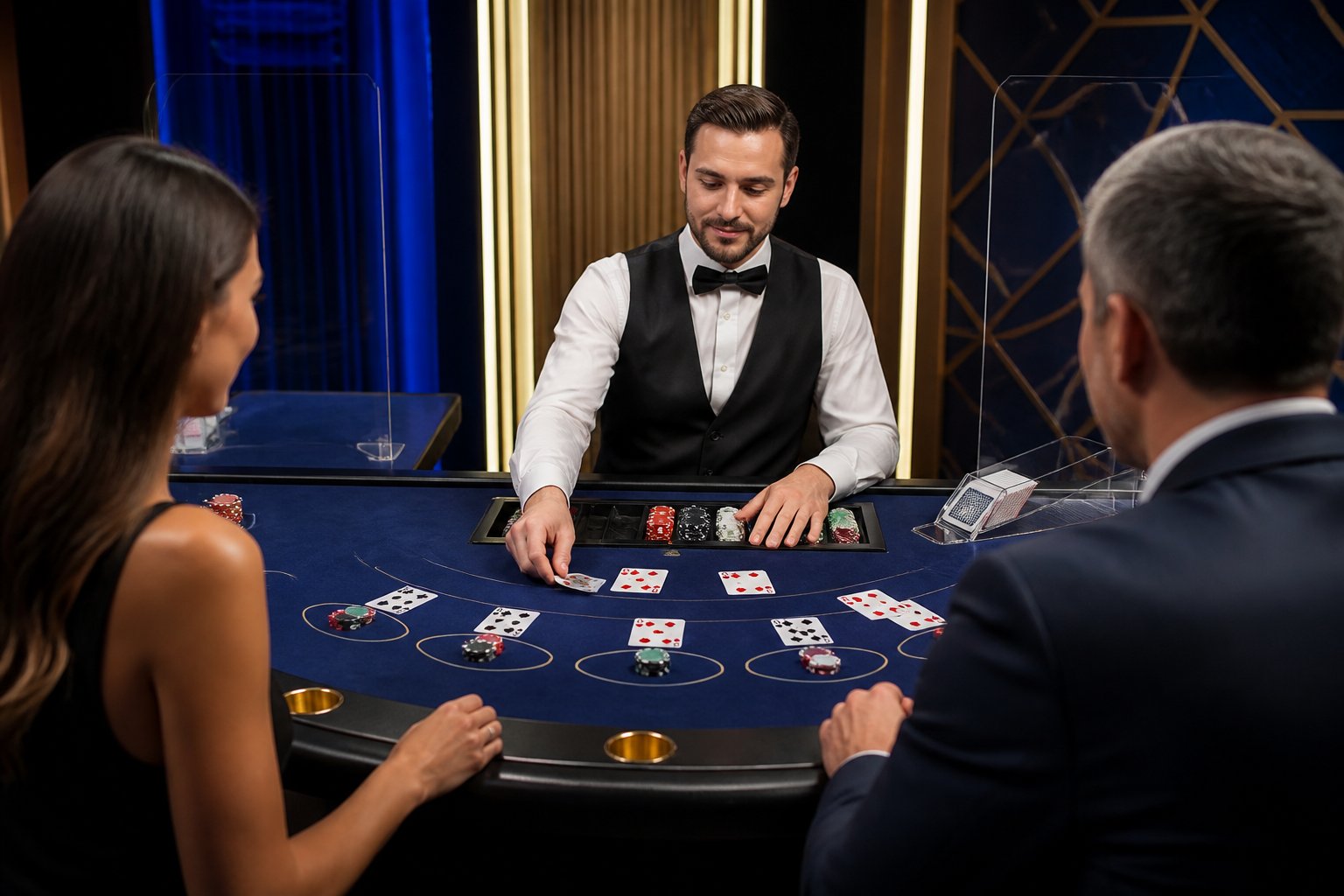 Dealer manusia memandu permainan kasino langsung di meja roulette bersama para pemain.