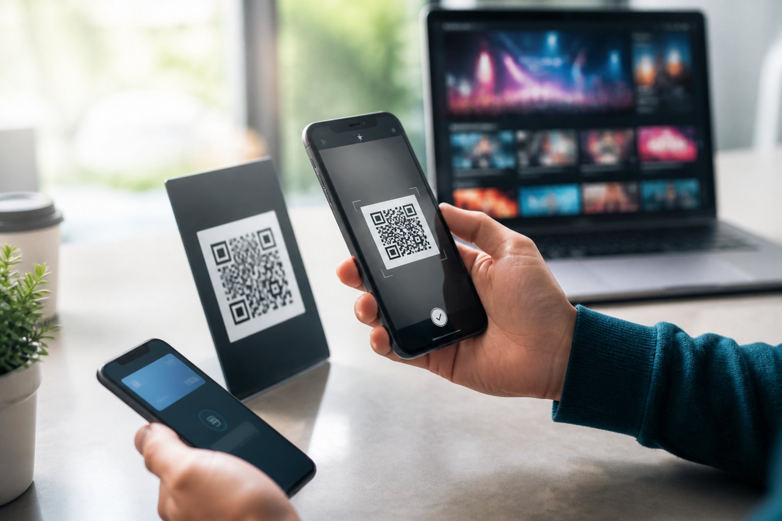 Seseorang menggunakan ponsel untuk melakukan pembayaran melalui kode QR di meja kerja modern.
