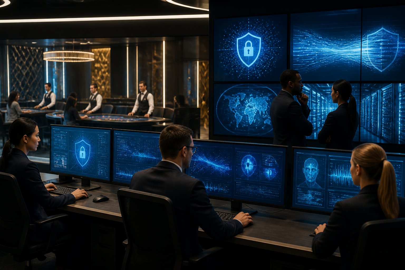 Tim keamanan siber memantau perlindungan data pemain di ruang kontrol kasino modern.
