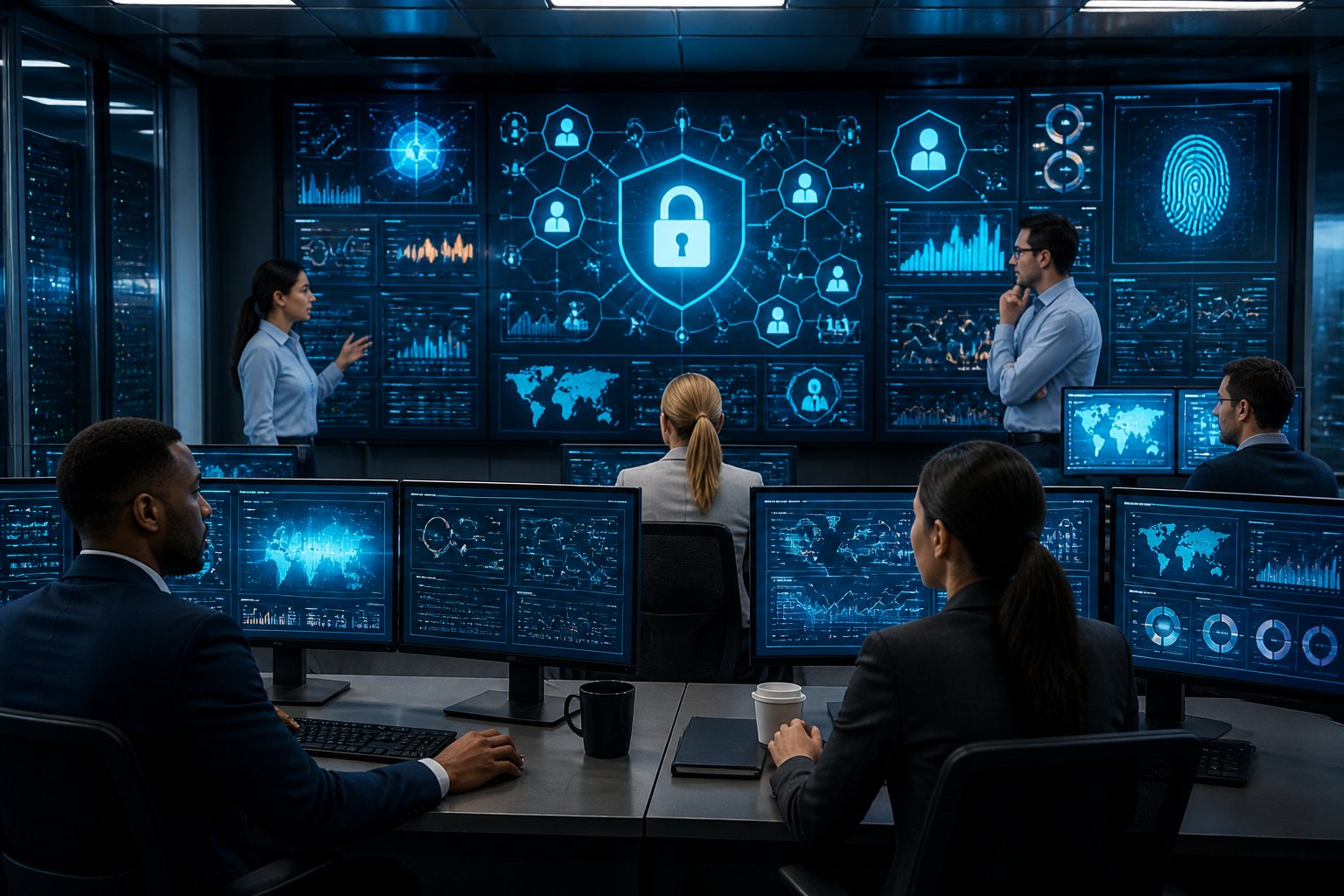 Tim keamanan siber menganalisis perlindungan data pemain di pusat operasi modern.