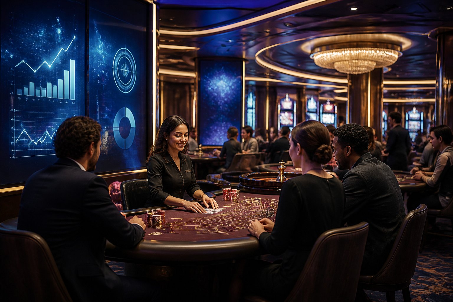 Suasana kasino modern dengan dealer dan pemain dewasa di meja permainan yang dikelilingi chip serta roda roulette.