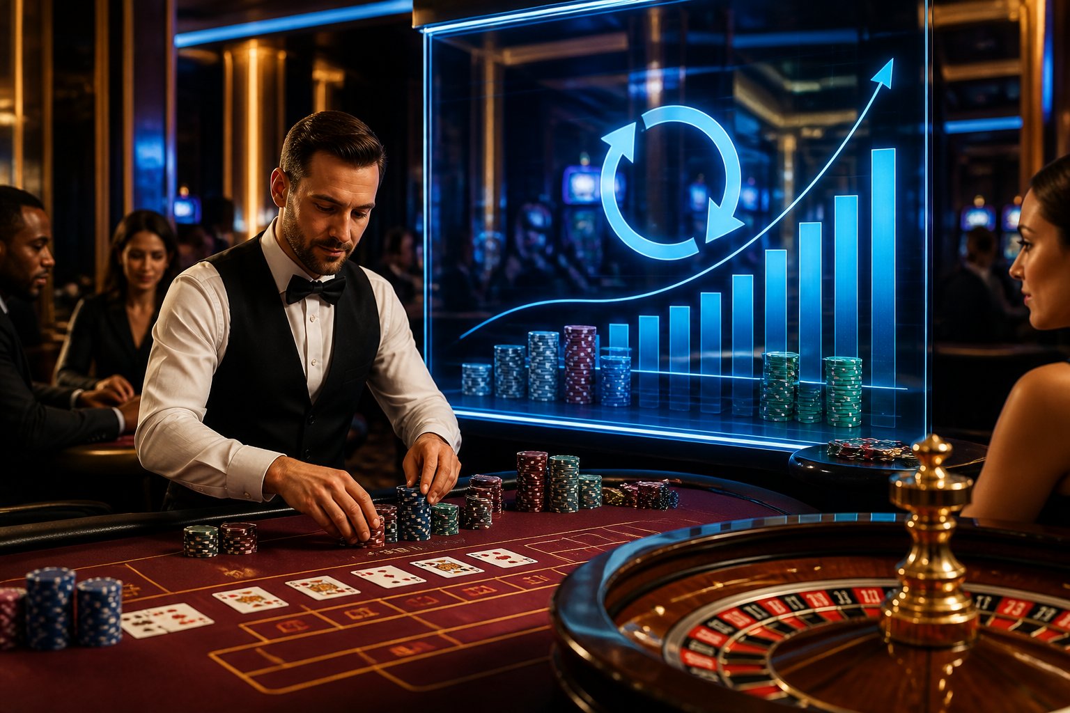 Dealer live casino menata kartu dan keping taruhan di meja dengan grafik kenaikan abstrak di latar belakang.