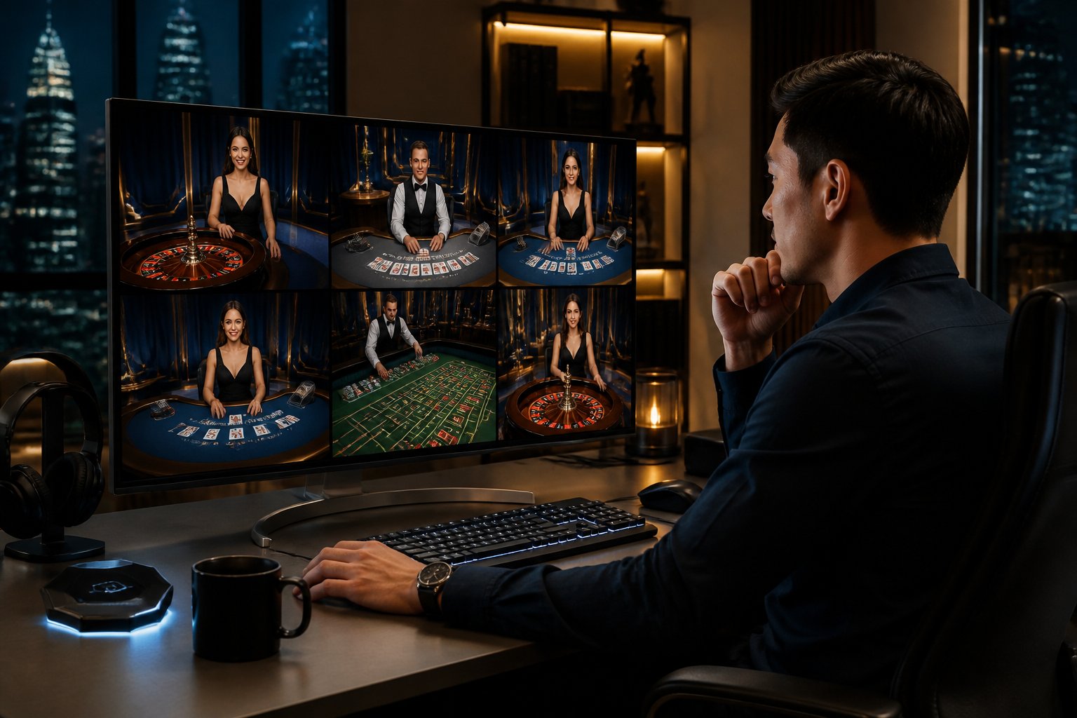 Seseorang melihat beberapa meja kasino live secara bersamaan di monitor dalam ruang kerja modern.