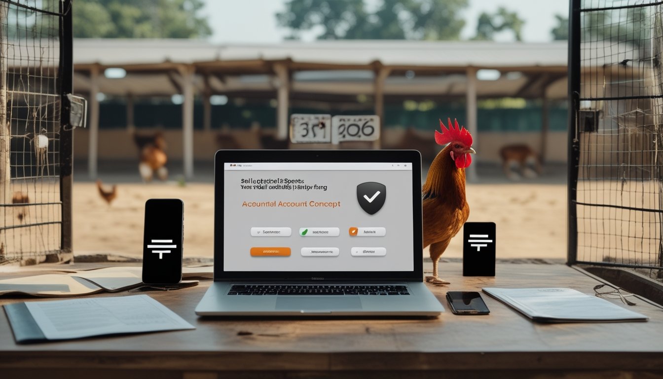 Laptop dengan formulir pendaftaran aman dan ayam jantan terawat di lingkungan bersih.