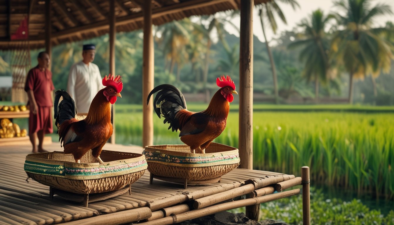 Dua ayam jantan sehat berada dalam kurungan bambu di dekat pendopo tradisional dengan latar sawah hijau dan pepohonan tropis.