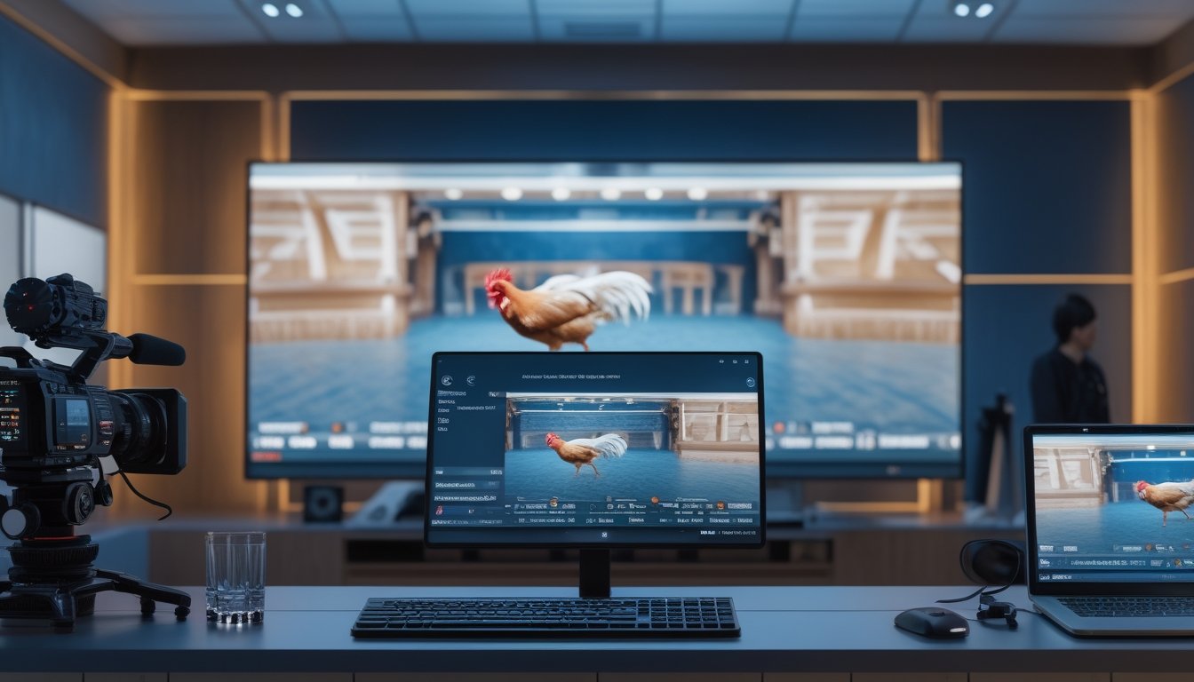 Ruang kontrol siaran modern dengan layar yang menampilkan arena sabung ayam secara tidak grafis.