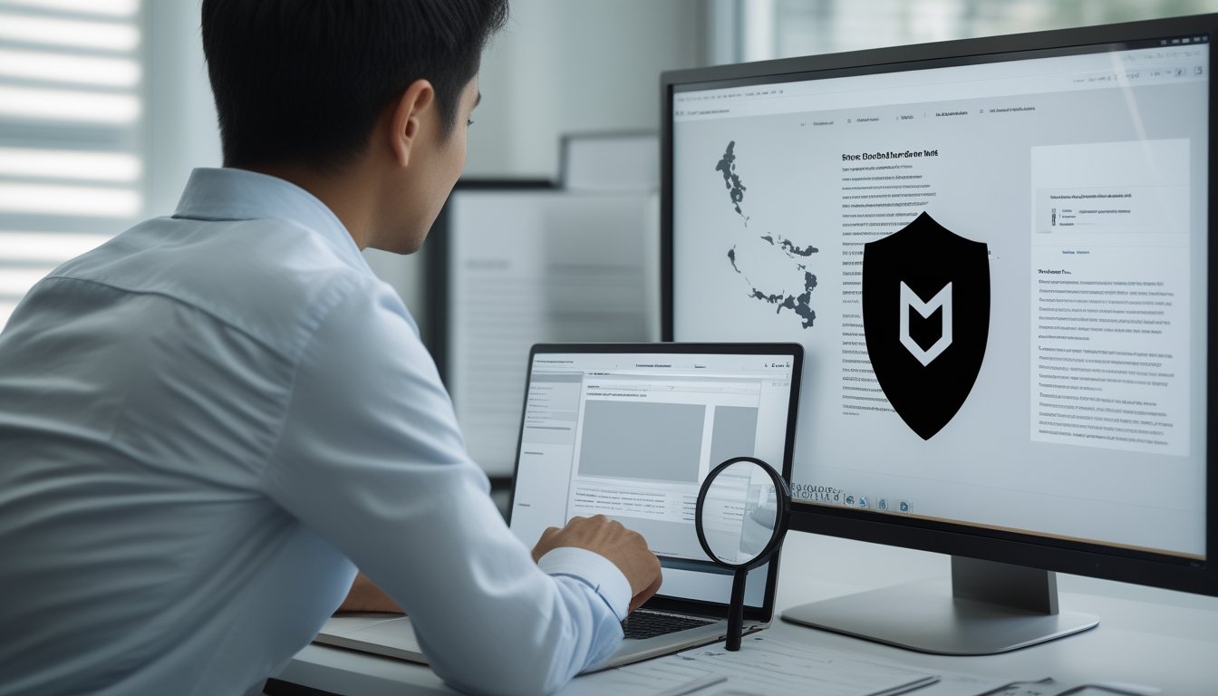 Seseorang memeriksa status legalitas layanan daring menggunakan laptop, ponsel, dan simbol keamanan.