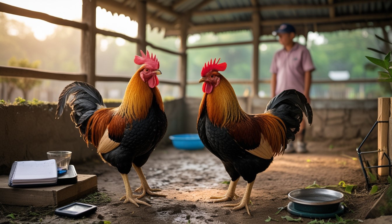 Dua ayam jantan sehat berada di kandang terpisah dengan perlengkapan perawatan dan seorang pengamat di lingkungan pedesaan.