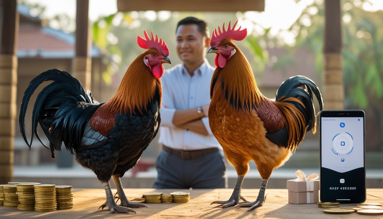 Dua ayam jantan berdiri tenang di halaman tropis dengan seorang pria Indonesia dan perlengkapan promosi di dekatnya.