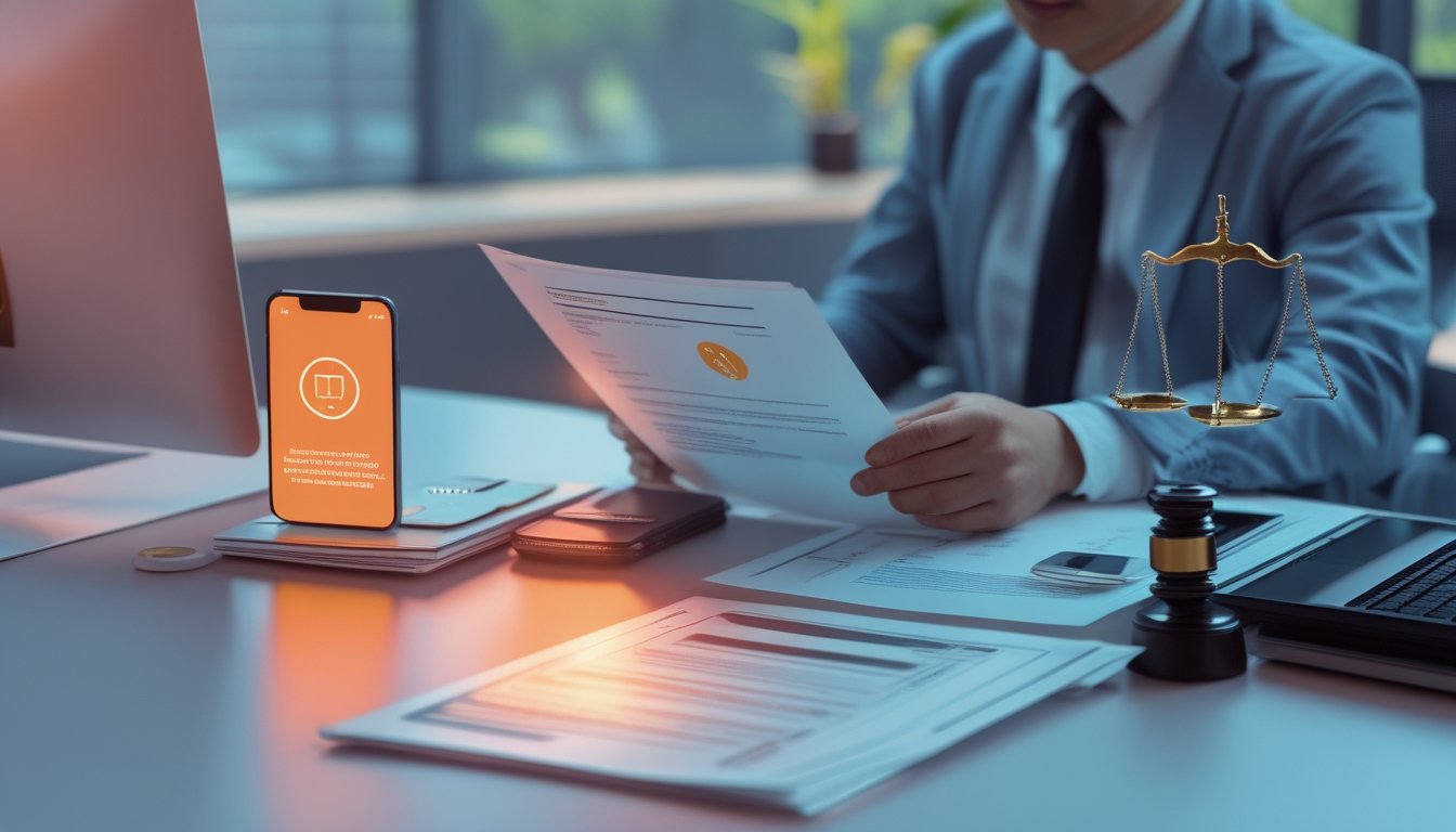 Konsultan hukum membahas dokumen risiko digital bersama klien di meja kerja.