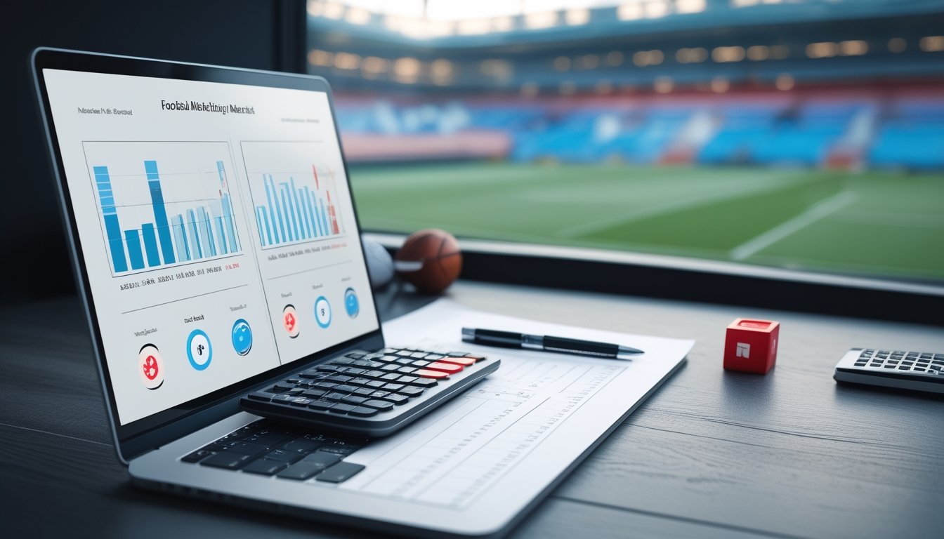 Meja analisis dengan laptop berisi grafik pertandingan sepak bola serta penanda merah dan biru.