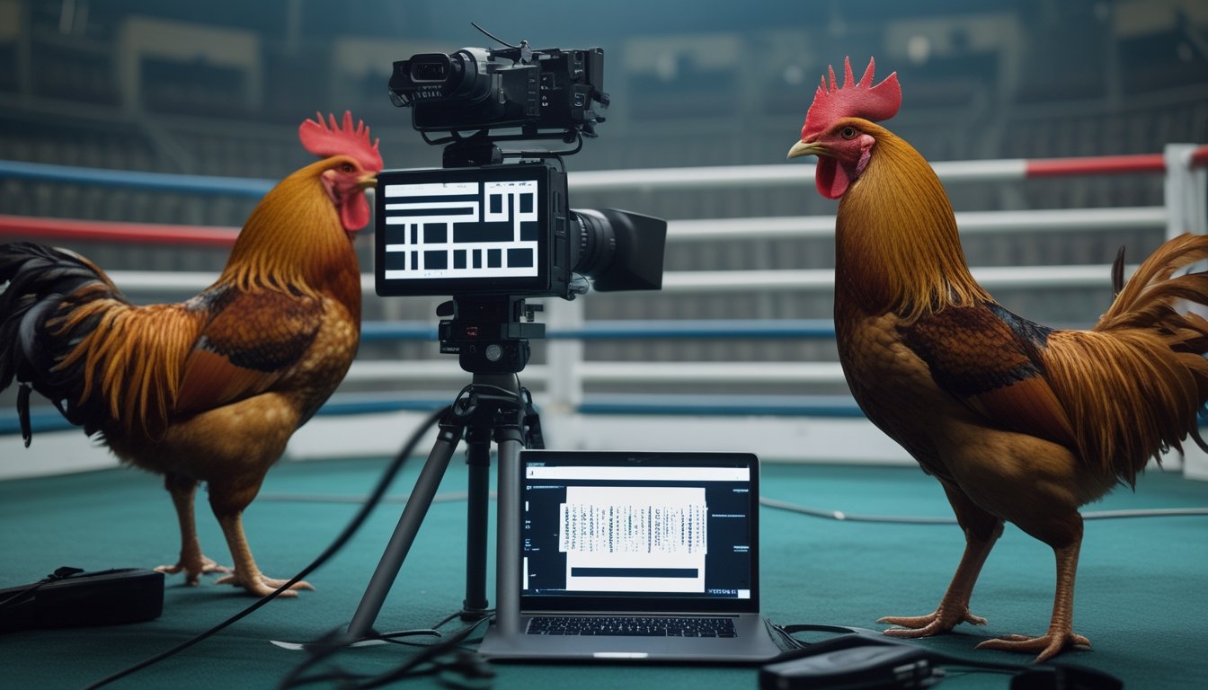 Suasana arena sabung ayam dengan dua ayam jantan dan peralatan kamera untuk siaran langsung.