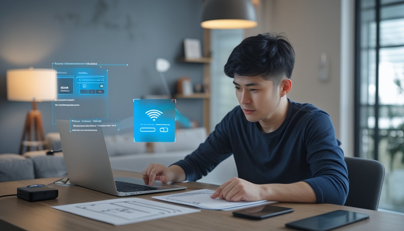 Seseorang memeriksa informasi akses layanan streaming di laptop dalam ruang kerja modern.