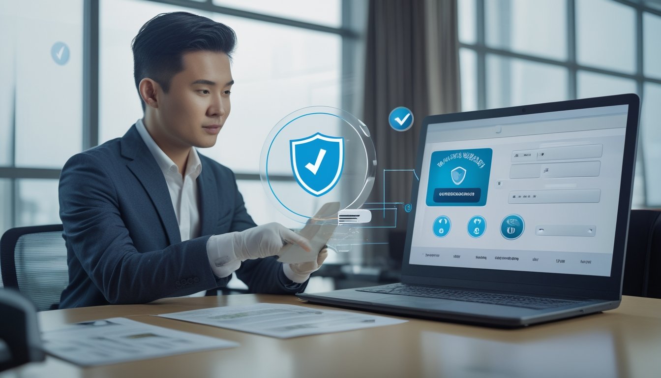 Pelanggan Indonesia memeriksa proses verifikasi dengan perwakilan agen resmi di kantor modern.