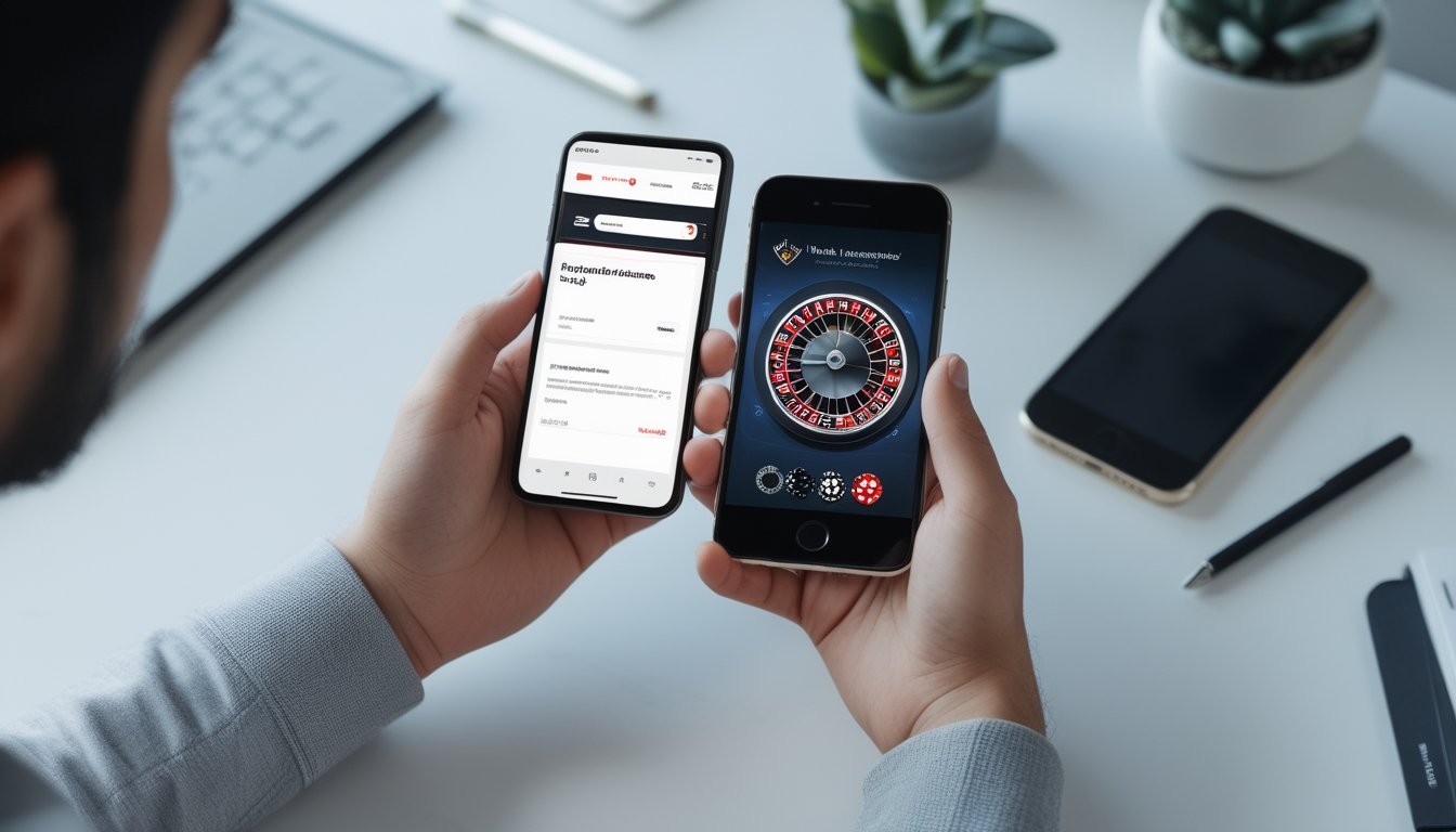 Seseorang menggunakan ponsel dengan tampilan permainan rolet digital di meja kerja modern.
