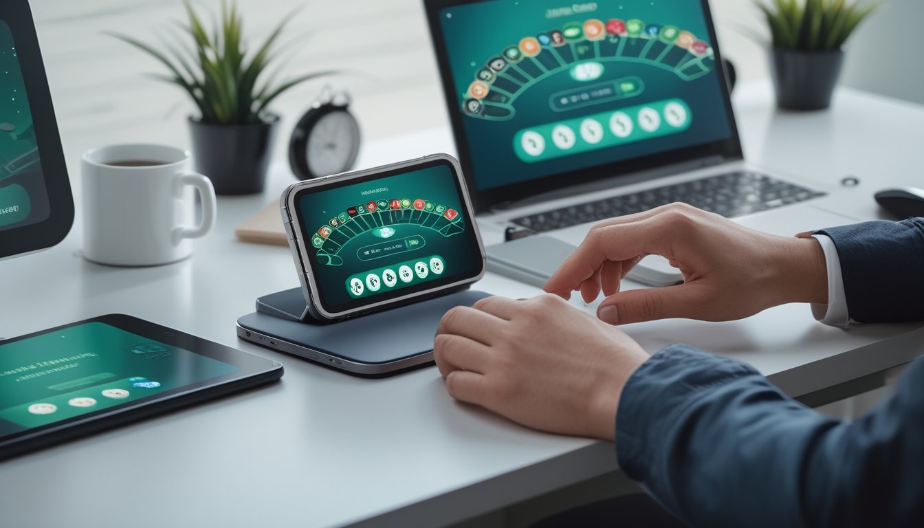 Tangan pengguna mengoperasikan dua ponsel dengan tampilan permainan roulette digital di meja kerja modern.