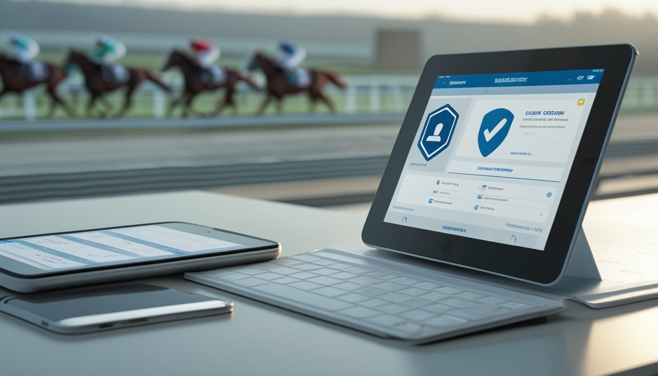 Ponsel dan tablet menampilkan aplikasi balap kuda dengan simbol keamanan di meja kerja, berlatar arena pacuan kuda.