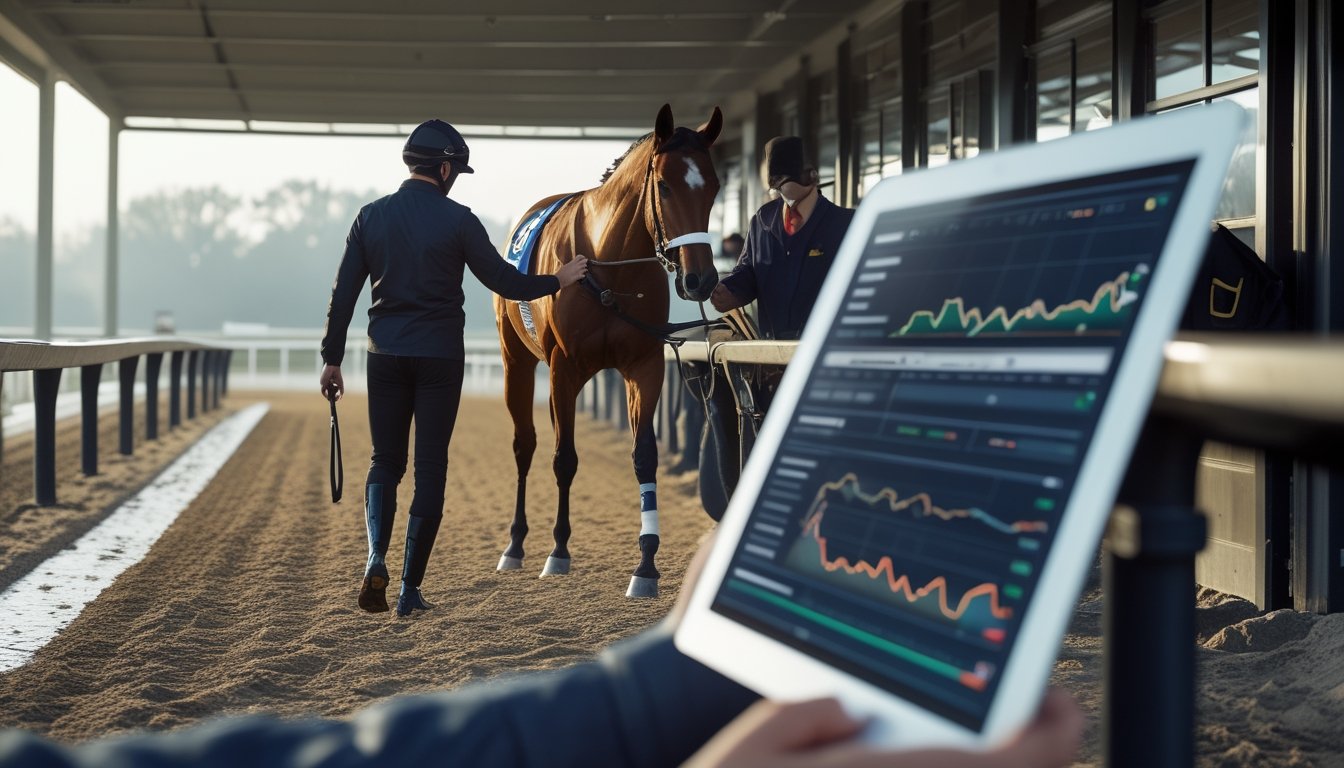 Joki memeriksa kuda balap di area paddock dengan tablet berisi grafik analisis sebelum perlombaan.