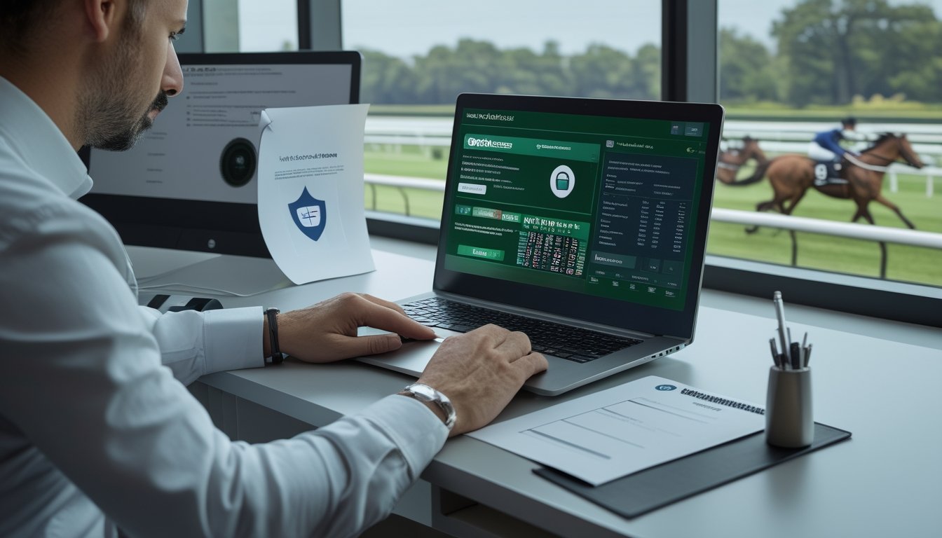 Seseorang memeriksa platform taruhan balap kuda yang aman di laptop dengan simbol perisai, kunci, dan dokumen verifikasi.