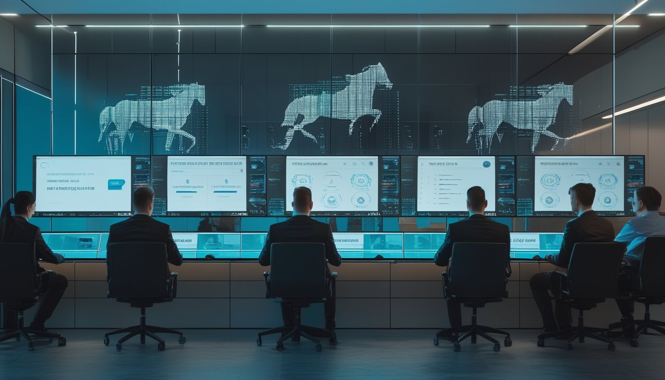 Analis keamanan memantau sistem digital dan perlindungan data situs taruhan balap kuda di pusat operasi siber modern.