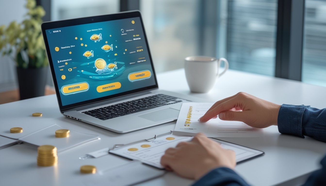 Seseorang memeriksa platform permainan ikan digital menggunakan laptop dan daftar periksa di meja kerja.