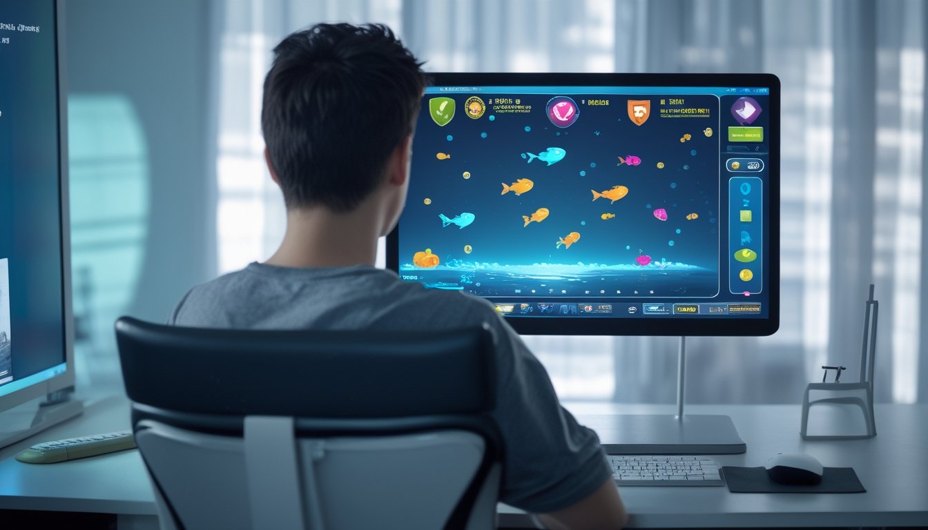 Seseorang menggunakan komputer untuk memainkan permainan arcade bawah laut dengan simbol keamanan dan tanggung jawab di sekitarnya.