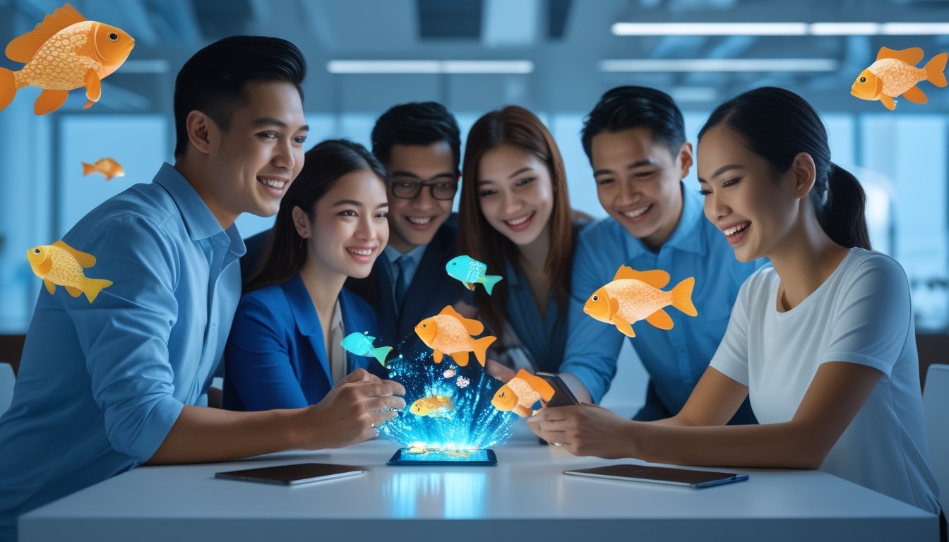 Sekelompok orang dewasa muda Indonesia berkumpul di sekitar perangkat digital dengan suasana permainan bertema ikan yang cerah.