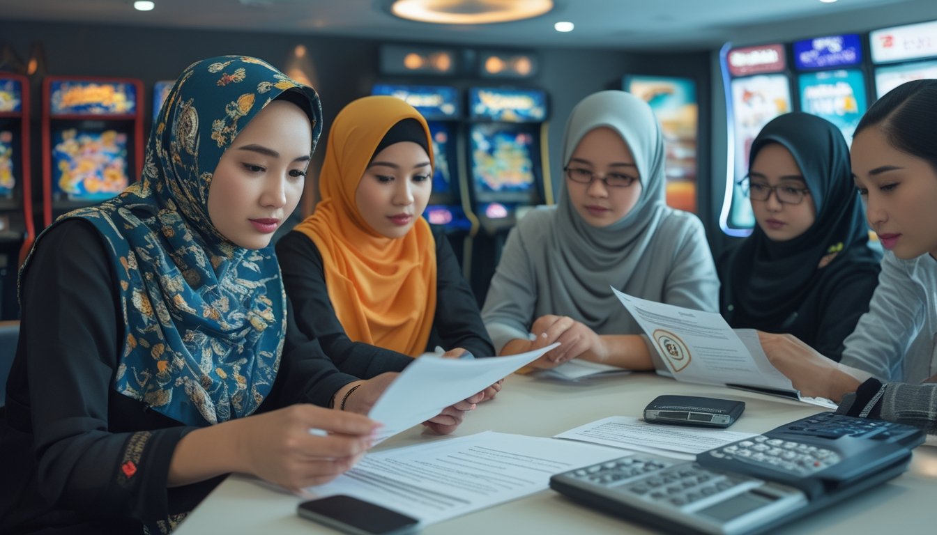 Orang dewasa Indonesia meninjau dokumen dan simbol verifikasi di dekat mesin permainan tembak ikan.
