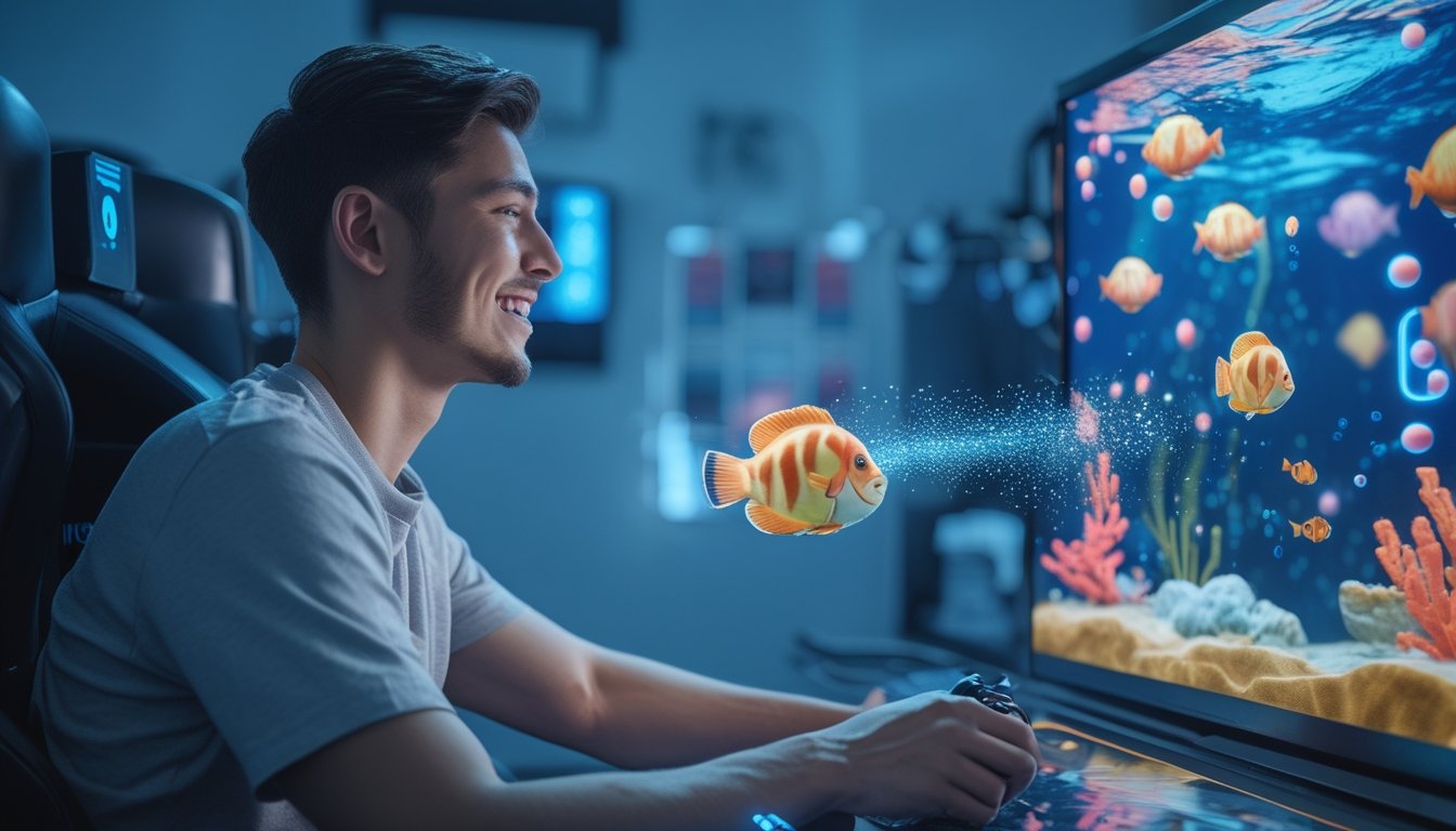 Seorang pemain pemula menggunakan konsol permainan bertema bawah laut dengan ikan warna-warni dan efek power-up.