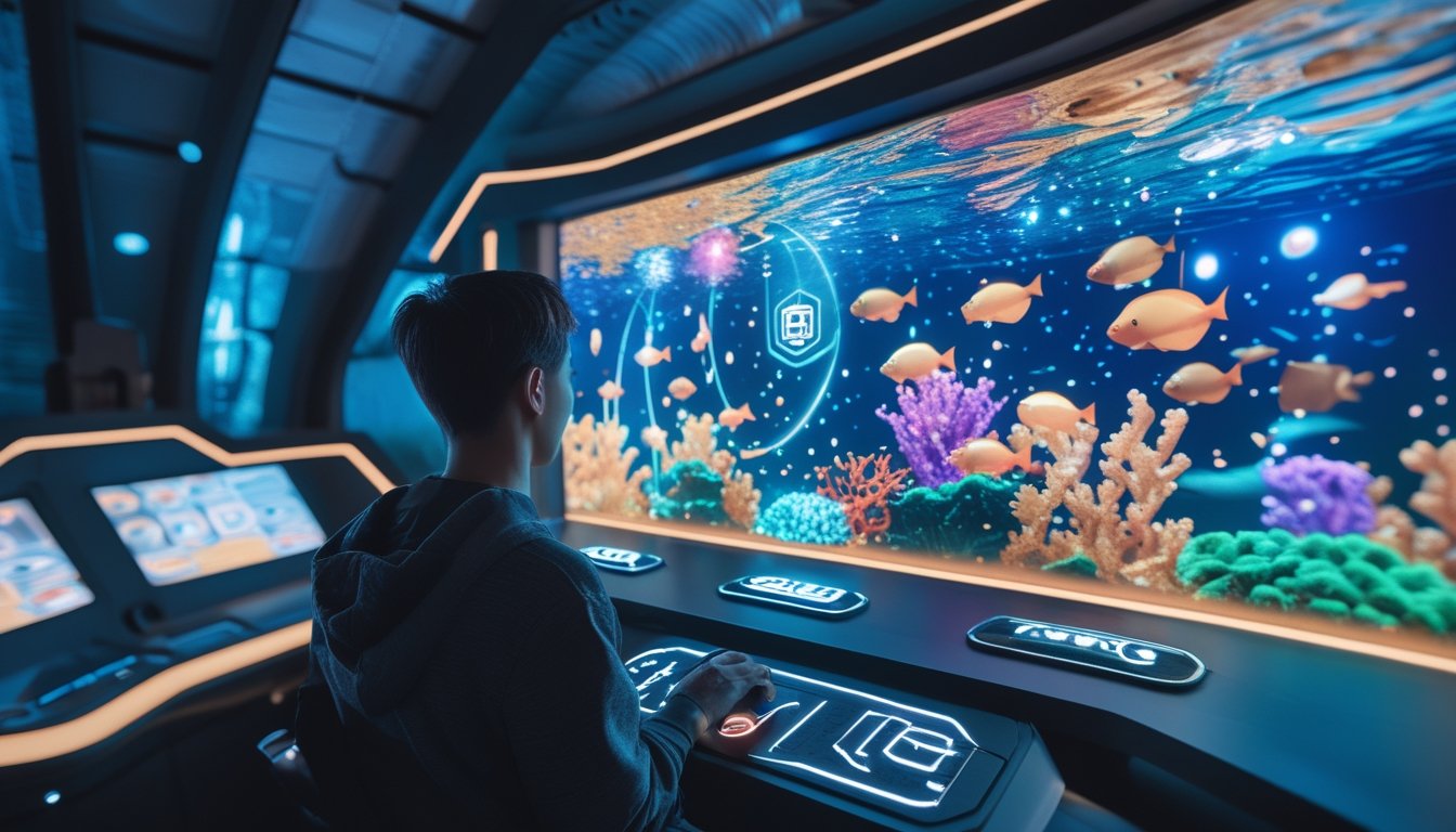 Pemain mengarahkan senjata khusus pada permainan menembak ikan bawah laut yang penuh efek cahaya dan ikan berwarna-warni.