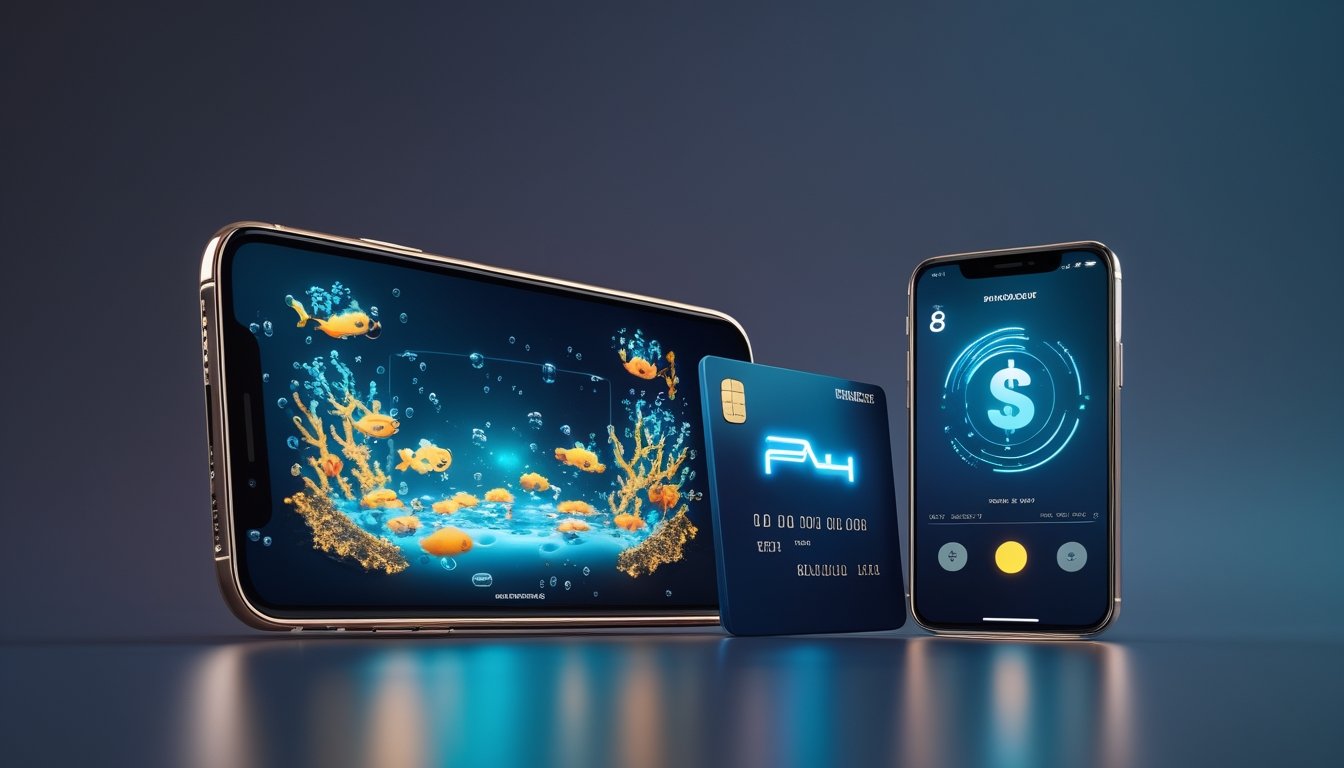 Ponsel menampilkan permainan bawah laut abstrak di samping konsep pembayaran dompet digital.
