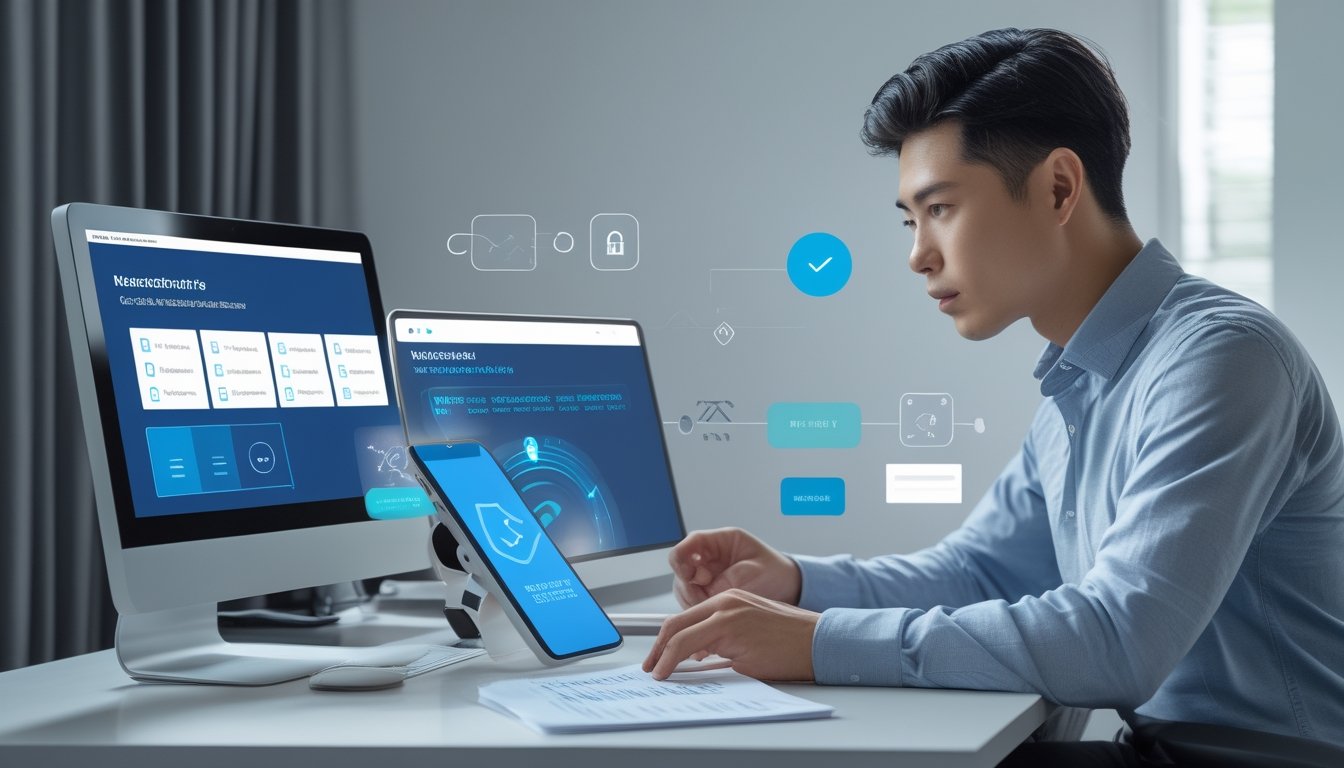 Seorang profesional memeriksa antarmuka platform digital dan keamanan transaksi menggunakan laptop serta ponsel.