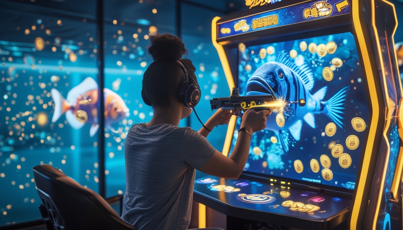 Pemain arcade membidik ikan boss besar yang dikelilingi ikan tropis, efek cahaya, dan koin berkilauan.
