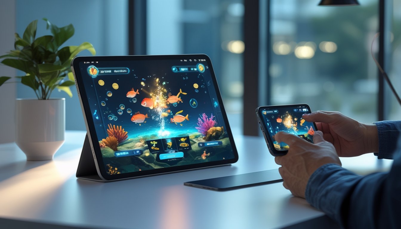 Ponsel dan tablet menampilkan permainan menembak ikan bawah laut dengan efek peningkatan kekuatan.