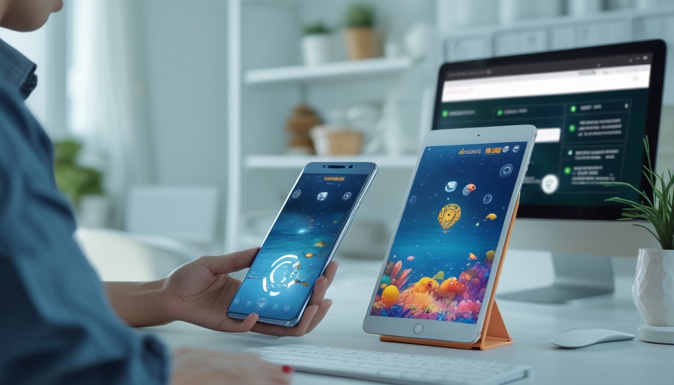 Seseorang memeriksa aplikasi permainan bawah laut pada ponsel dan tablet dengan simbol keamanan digital di ruang kerja.